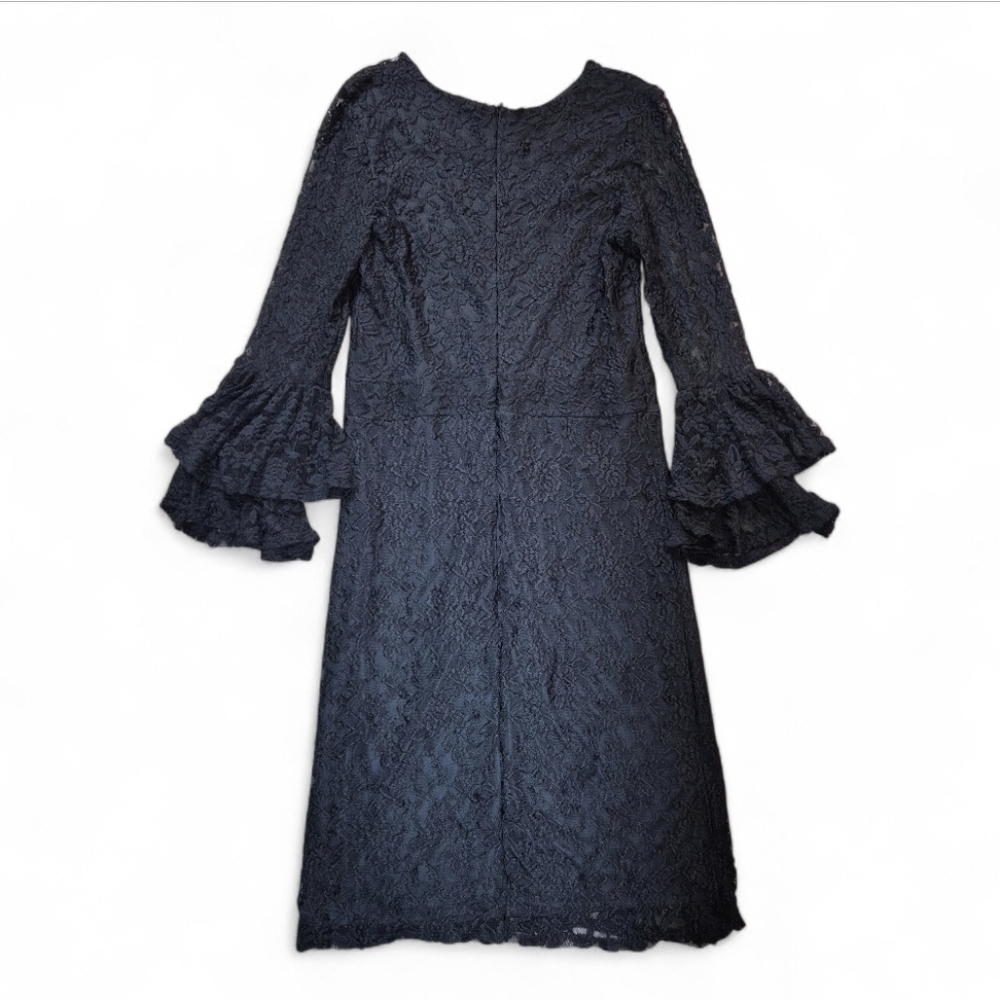 Black Lace Tiered Bell Sheer Long Sleeve, Holiday Midi Dress Size 14/16